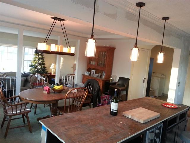 182: We installed the chandelier and the pendants above the island. Unfortunately I can now see that the pendants are off center above the island by about 2 inches.  I'm hoping that nobody really notices.  