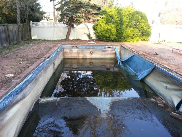 219: The pool looks to be poured concrete construction, and the walls look very solid.  No evidence of cracked or colapsed walls, at least not until we fully remove the old liner.