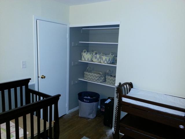 350: We completely tore out the old closet, and a put in 4 shelves and 3 clothes hanger rods, and splashed it all with a fresh coat of paint.