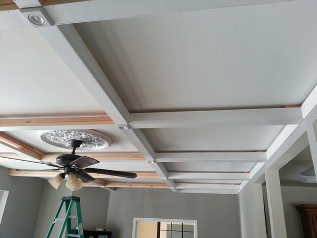 360: With the bottom finished, we can start the moulding buildup on the sides.  We started by casing each box in 3-1/4 colonial base moulding.  We budgeted 360 linear feet, but used closer to 280, after carefully calculating our cuts to reduce waste.